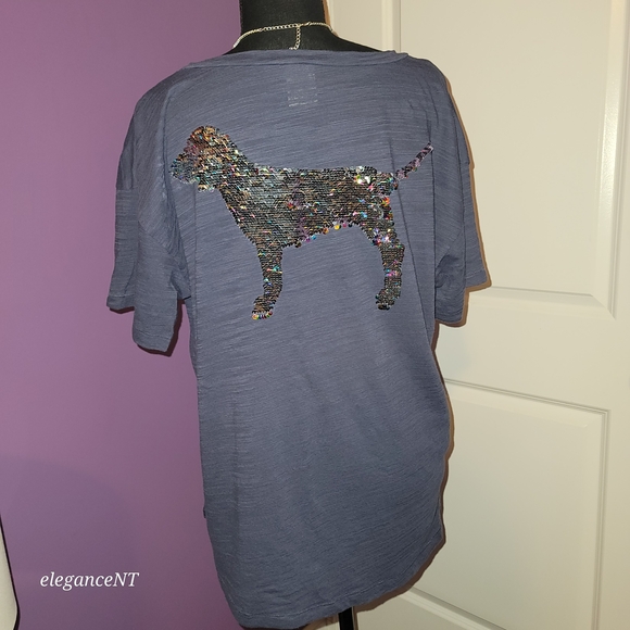PINK By Victoria's Secret T Shirt in Blue With Sequin Dog Sz: M - Picture 6 of 10